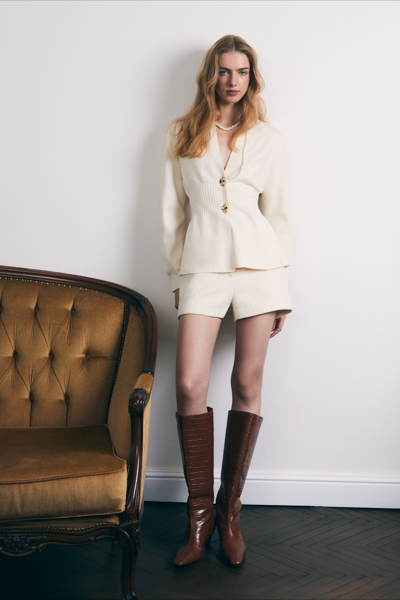 V Neck Long Sleeve Metal Button Split Hem Cardigan