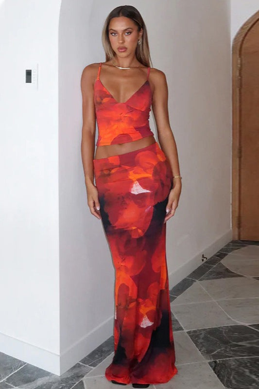 Printed V Neck Bodycon Skirt Set