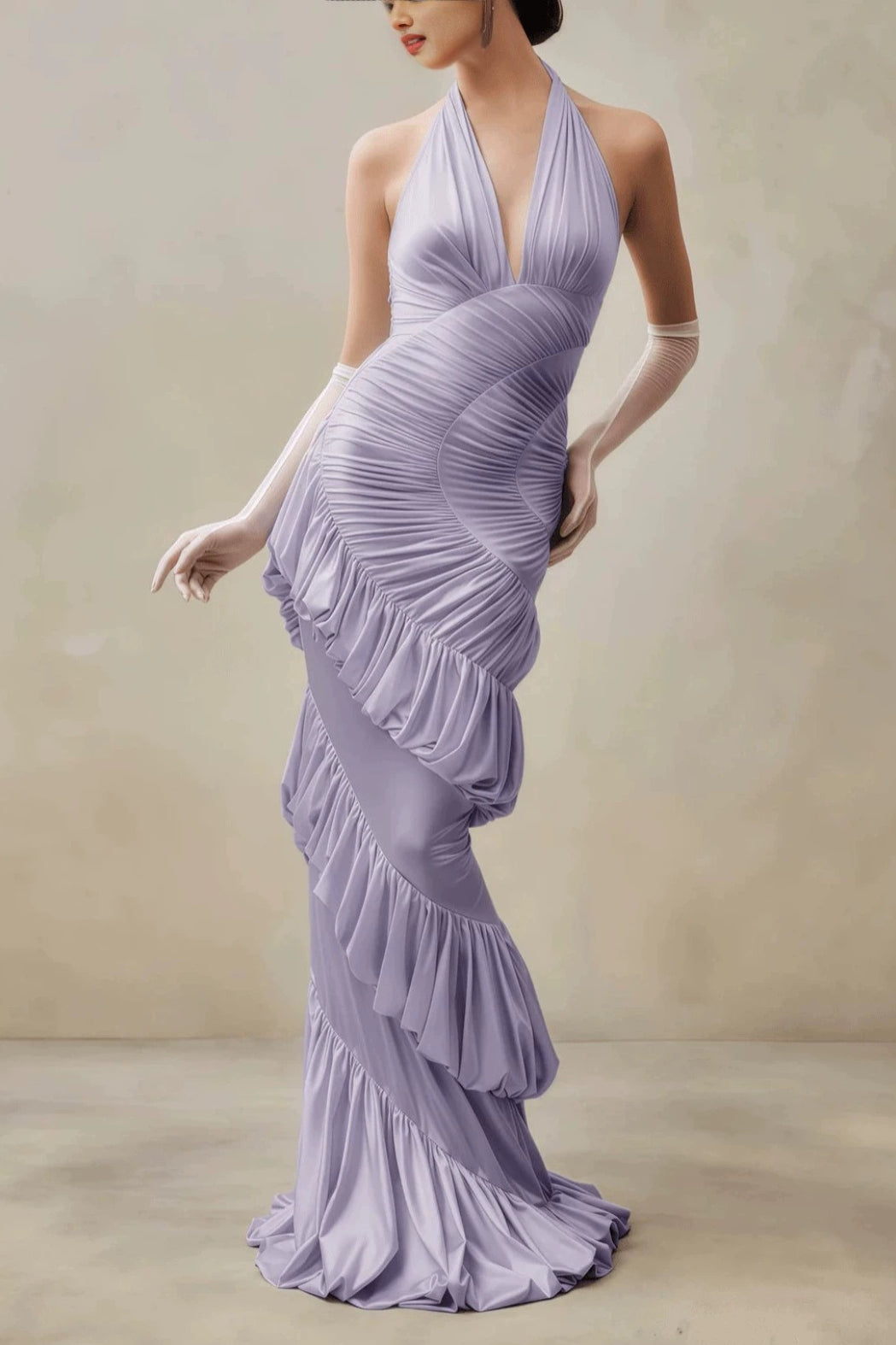 Elegant Solid V Neck Halter Backless Fitted Ruched Party Dress
