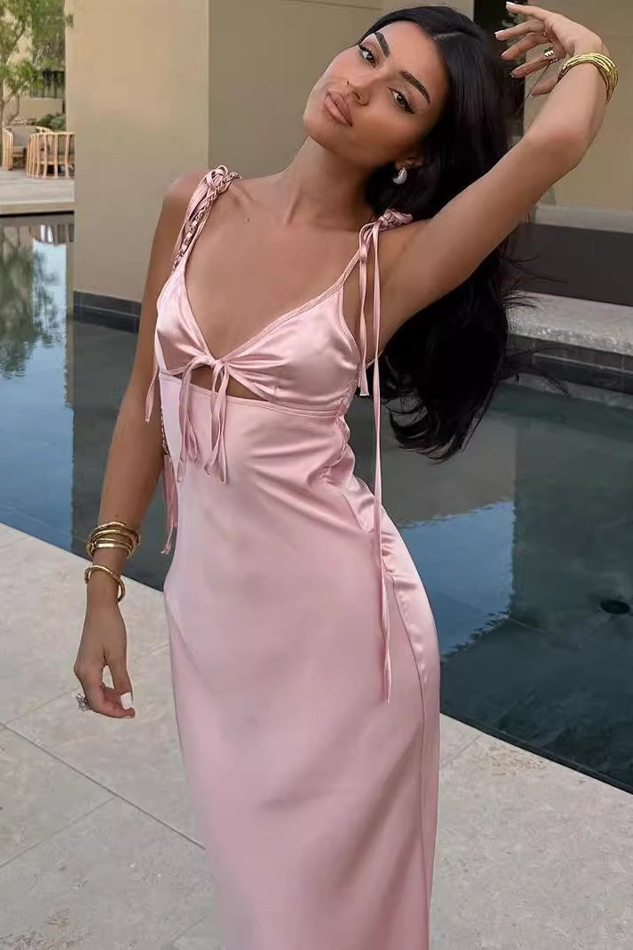Sexy Deep V Tie Spaghetti Strap Satin Sleeveless Party Dress