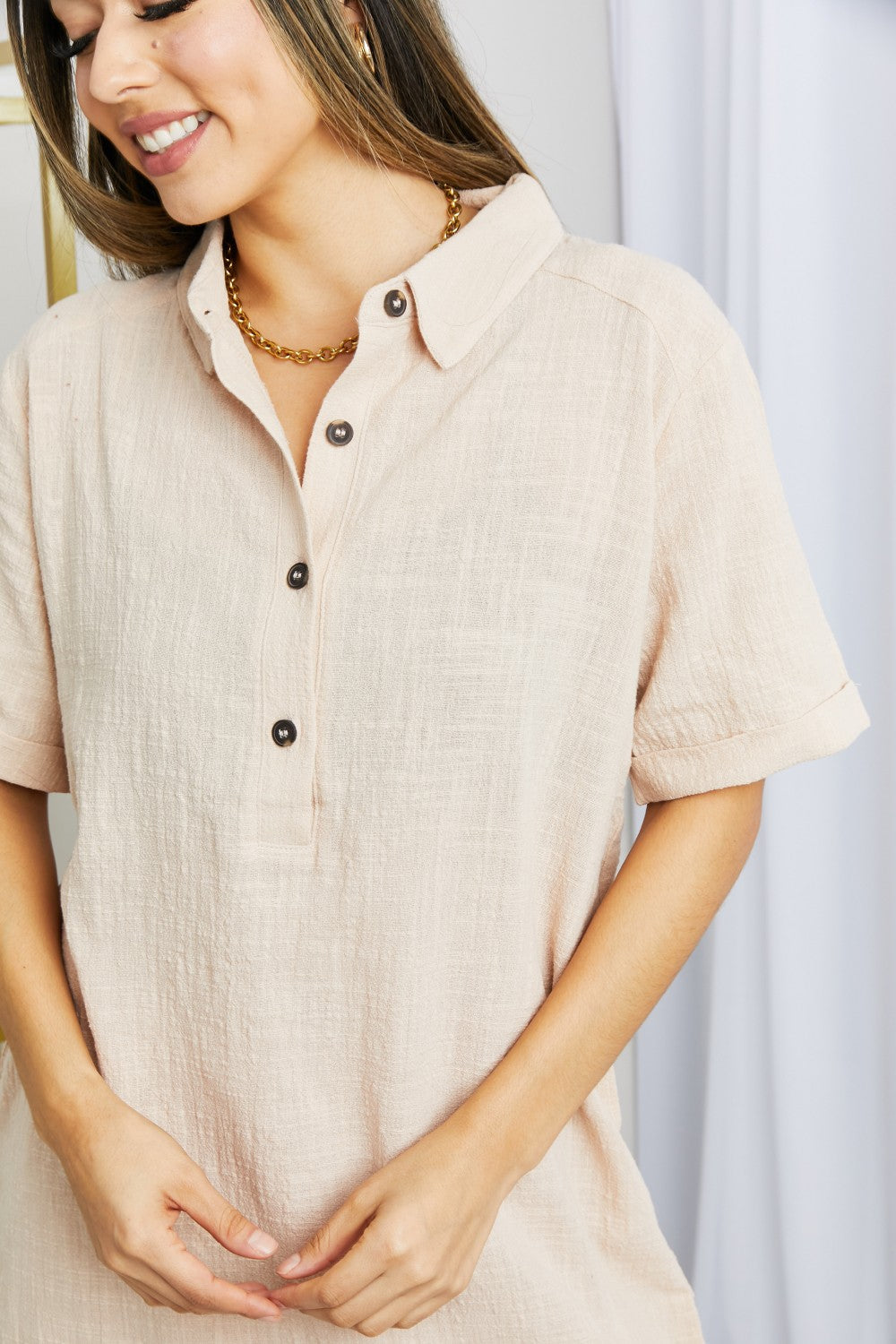 Dusty Blush Collared Half Button Short Sleeve Gauze Shift Midi Dress