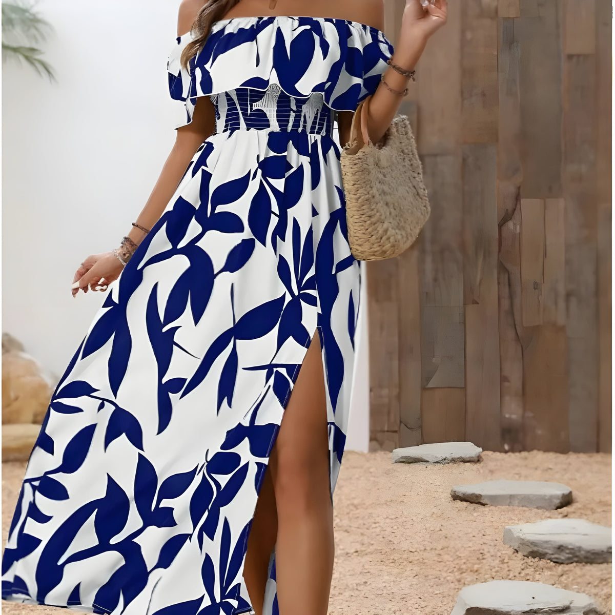 Off-Shoulder Ruffle Leaf Print Smocked High Slit Maxi Dress 7