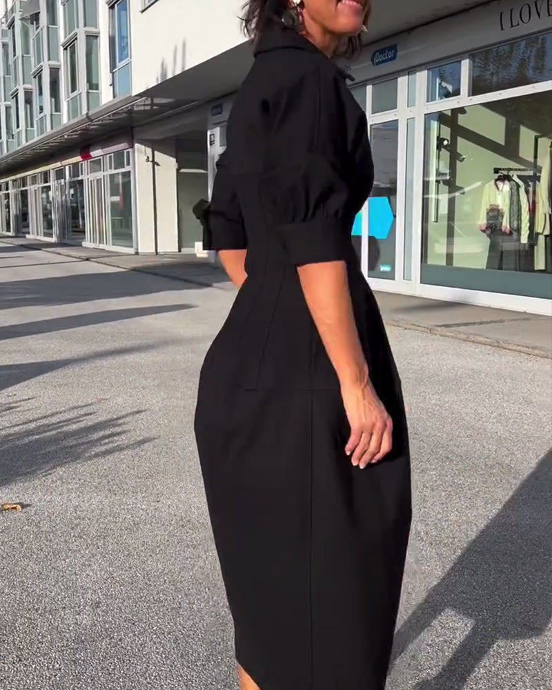 Black Collared V-Neck Puff Sleeve Pocket Cocoon Midi Dress 7