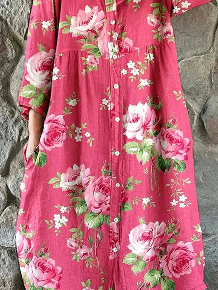 Pink Rose Notch Neck Button Front Long Sleeve Rose Floral Shift Maxi Dress