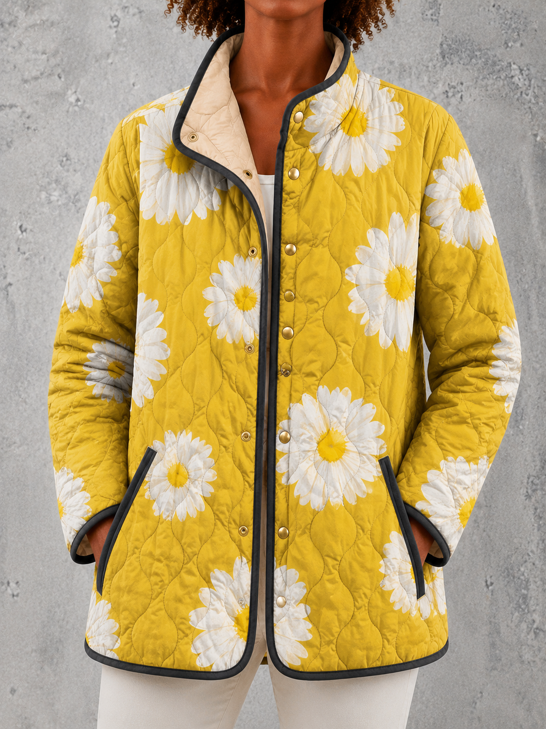 Yellow Stand Collar Daisy Print Quilted Snap Button Jacket