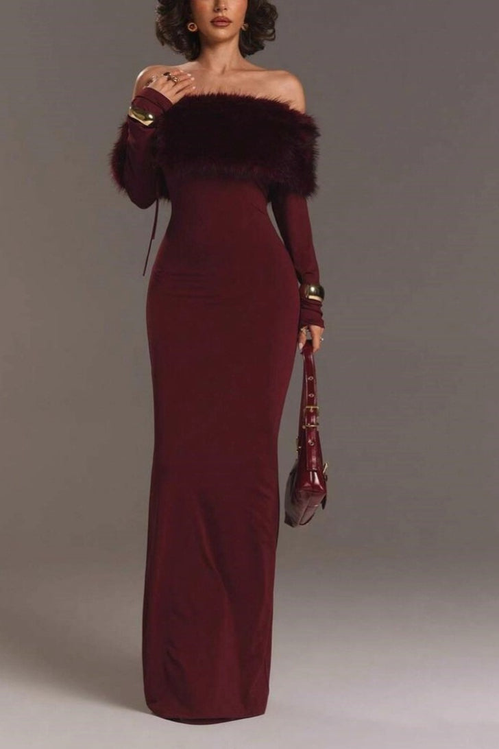 Red Fur Collar Off Shoulder Bodycon Dress 2