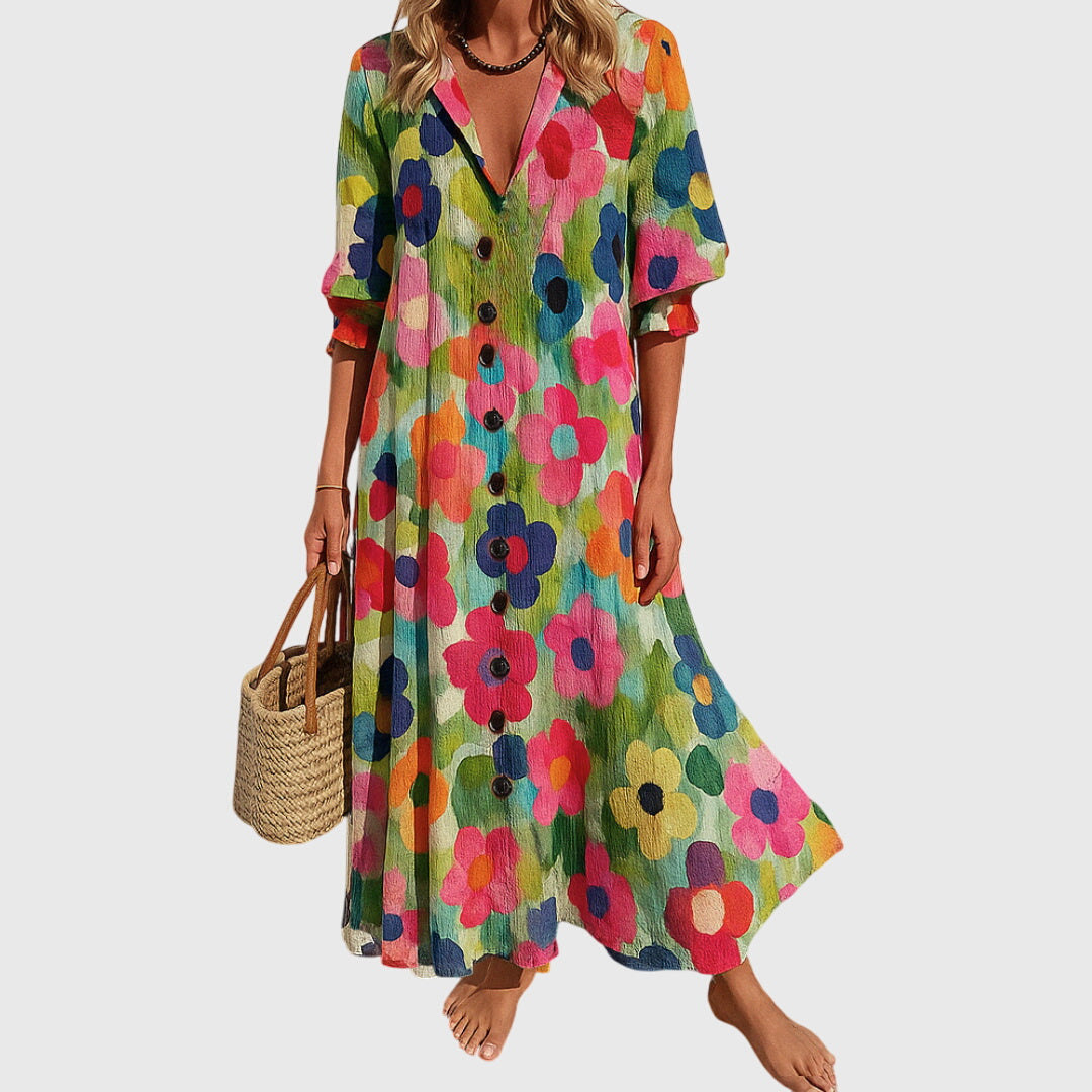 V-Neck Floral Print Button-Front Half Sleeve A-Line Maxi Dress