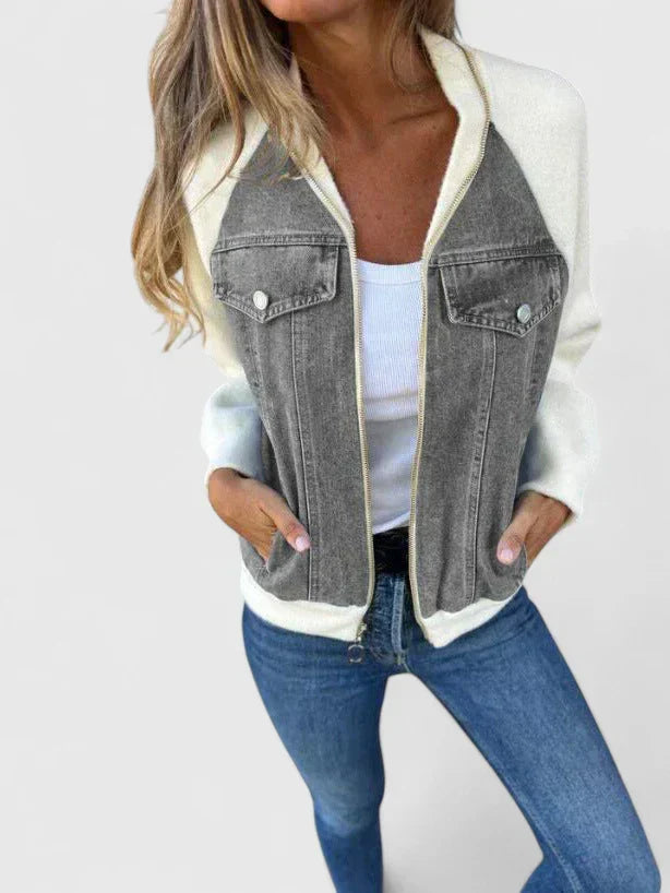 Zip Front Denim Contrast Raglan Sleeve Pocket Bomber Jacket 3