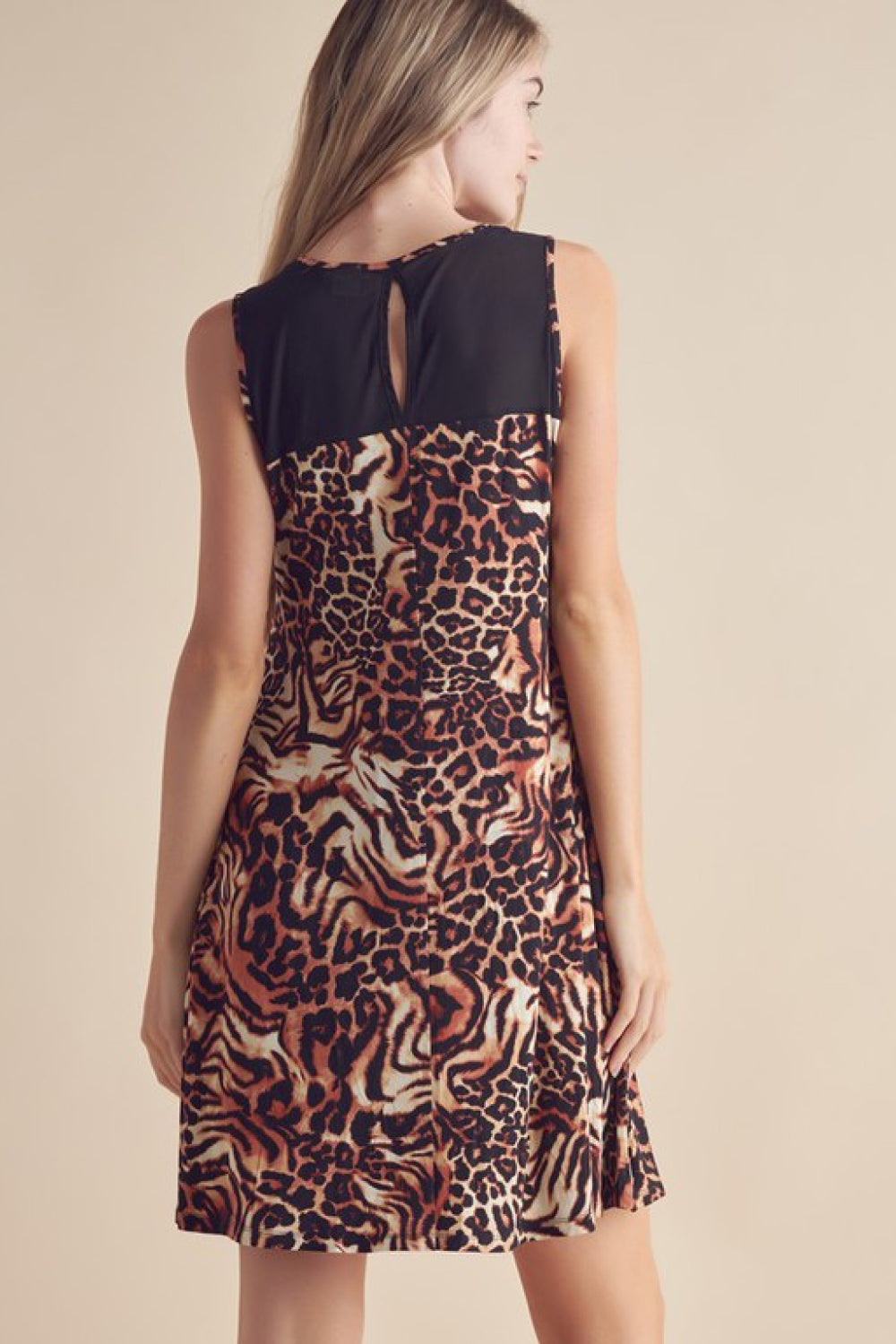 Black Round Neck Sleeveless Leopard Print Contrast Yoke A-Line Mini Dress