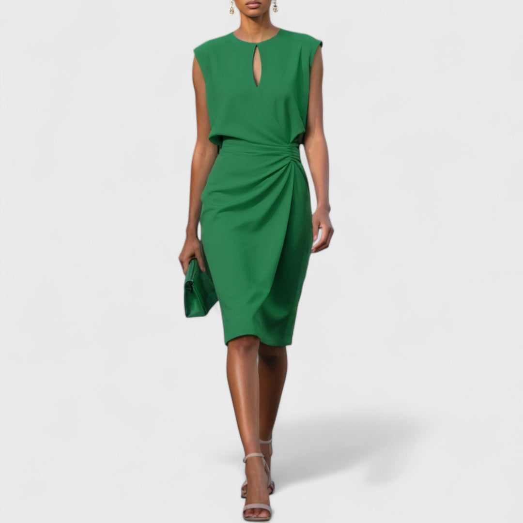Keyhole Neck Sleeveless Ruched Twist Waist Tulip Midi Dress