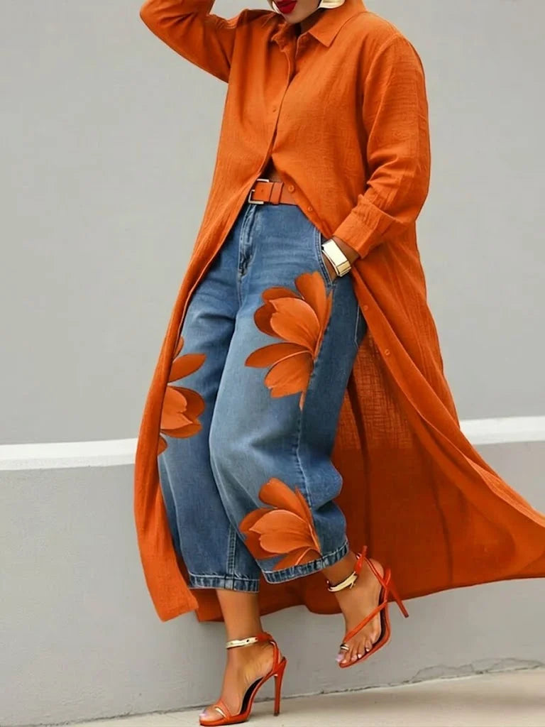 Collared Button Front Longline Shirt and Floral Jeans Set 2