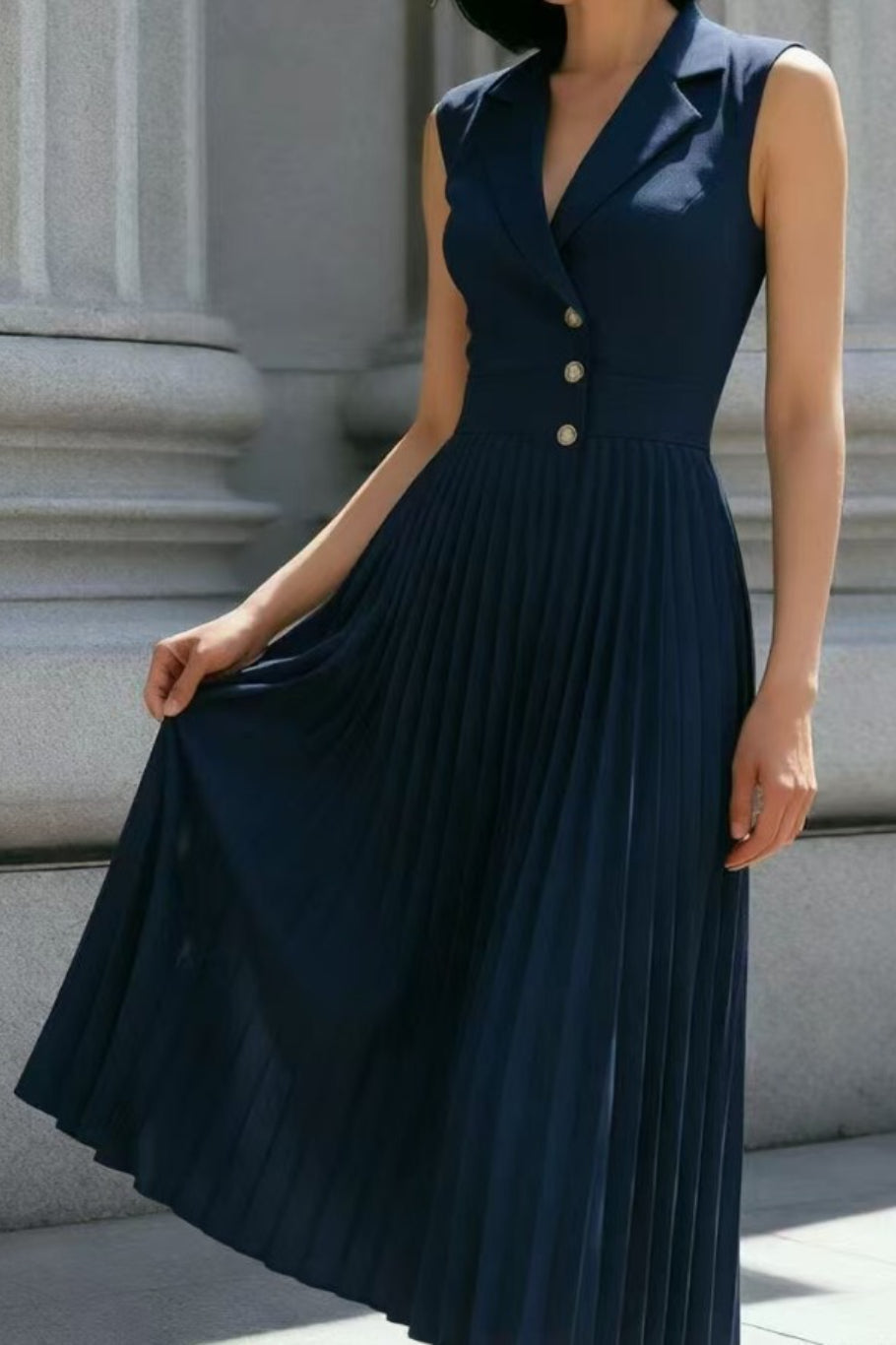 Ruched Ice Silk Lapel High Waist Work Dress