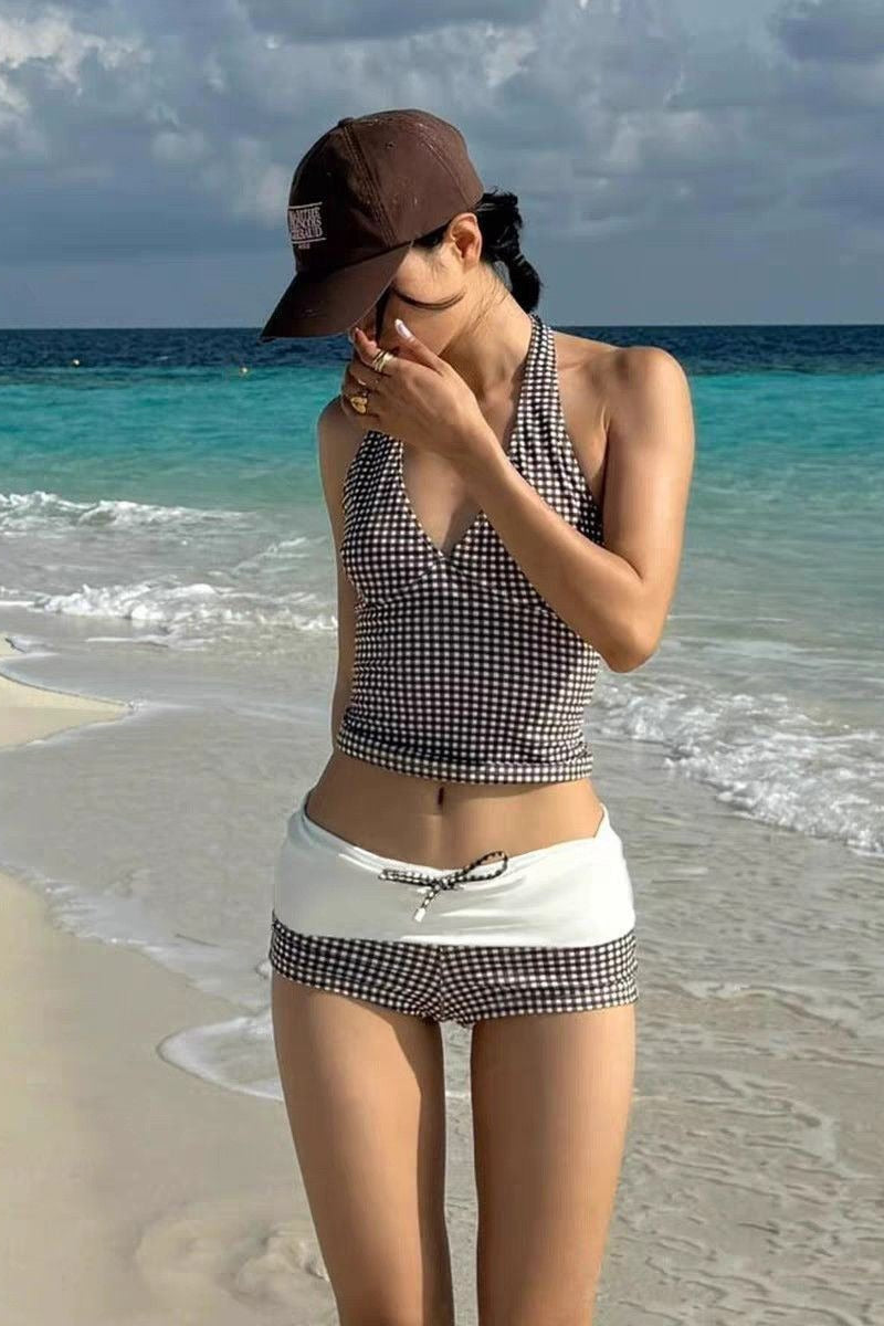 Chic Contrast Plaid Halter Two Piece Swimsuit