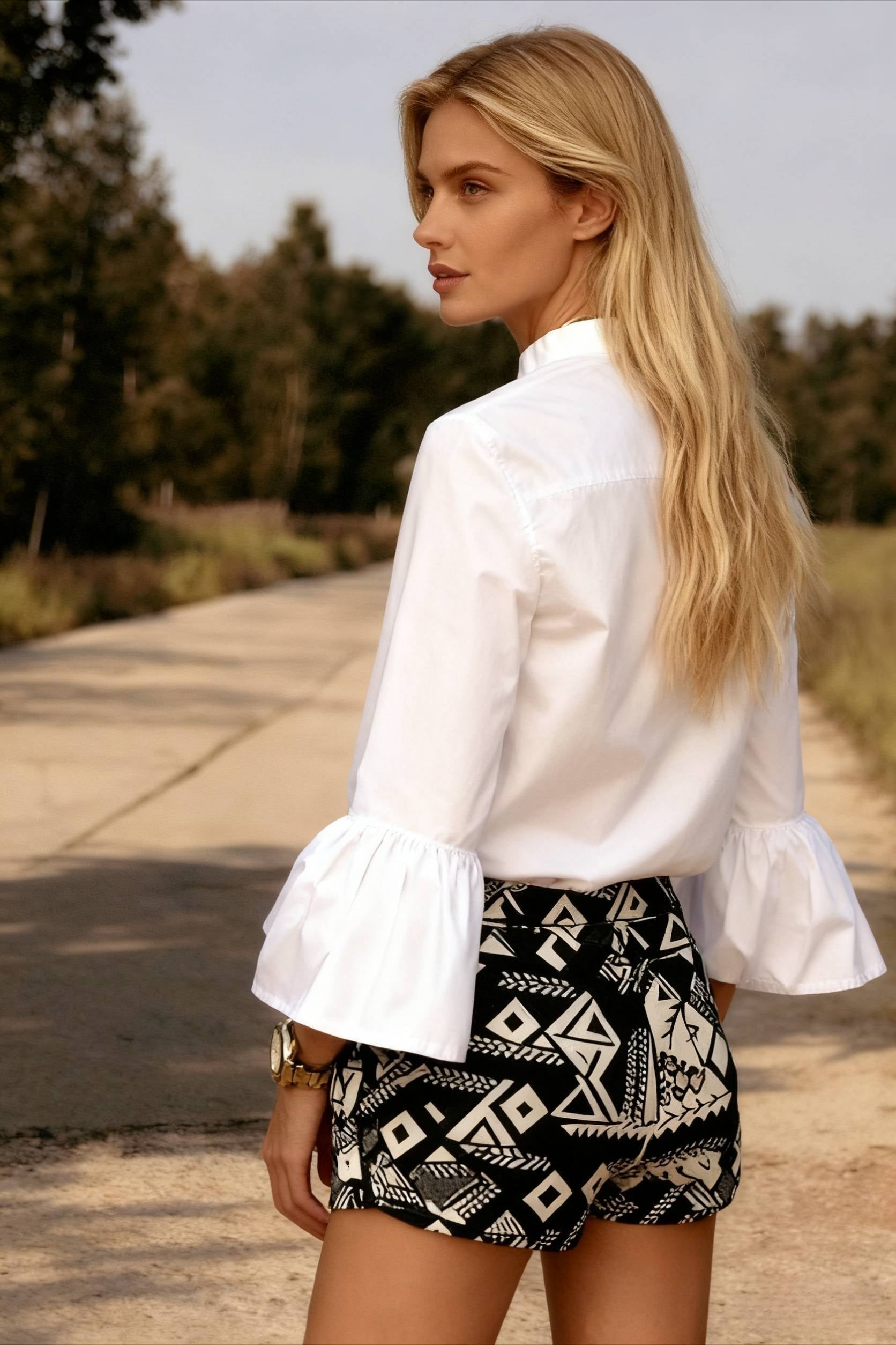 Blouse Office Arm V Button Women's Flare Up White Neck Blouse