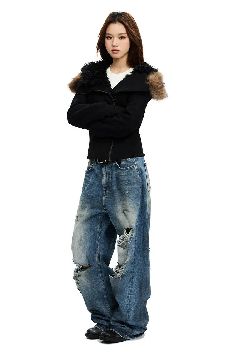 Fleece-Lined Hooded Fur-Collar Zip Short Jacket