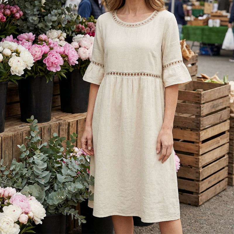 Round Neck Crochet Lace Trim Bell Sleeve Empire Waist Midi Dress 11