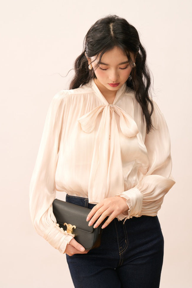 Shiny Ribbon-Tie Elegant Romantic Blouse