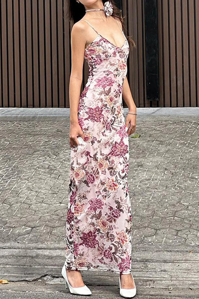 Backless VNeck Maxi Floral Dress