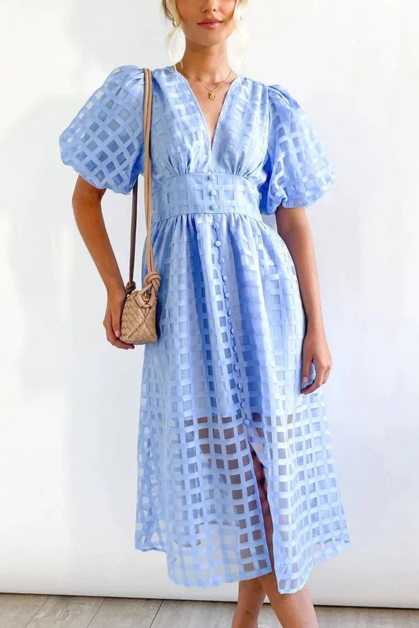 Beautiful square pattern fabric puff sleeve midi