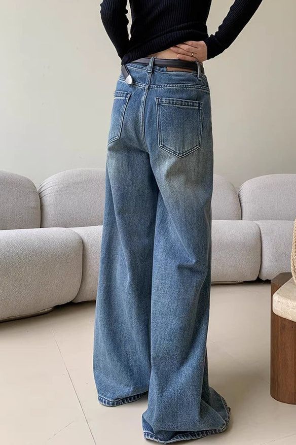 Blue Washed Casual High Waist Relaxed Long Jeans