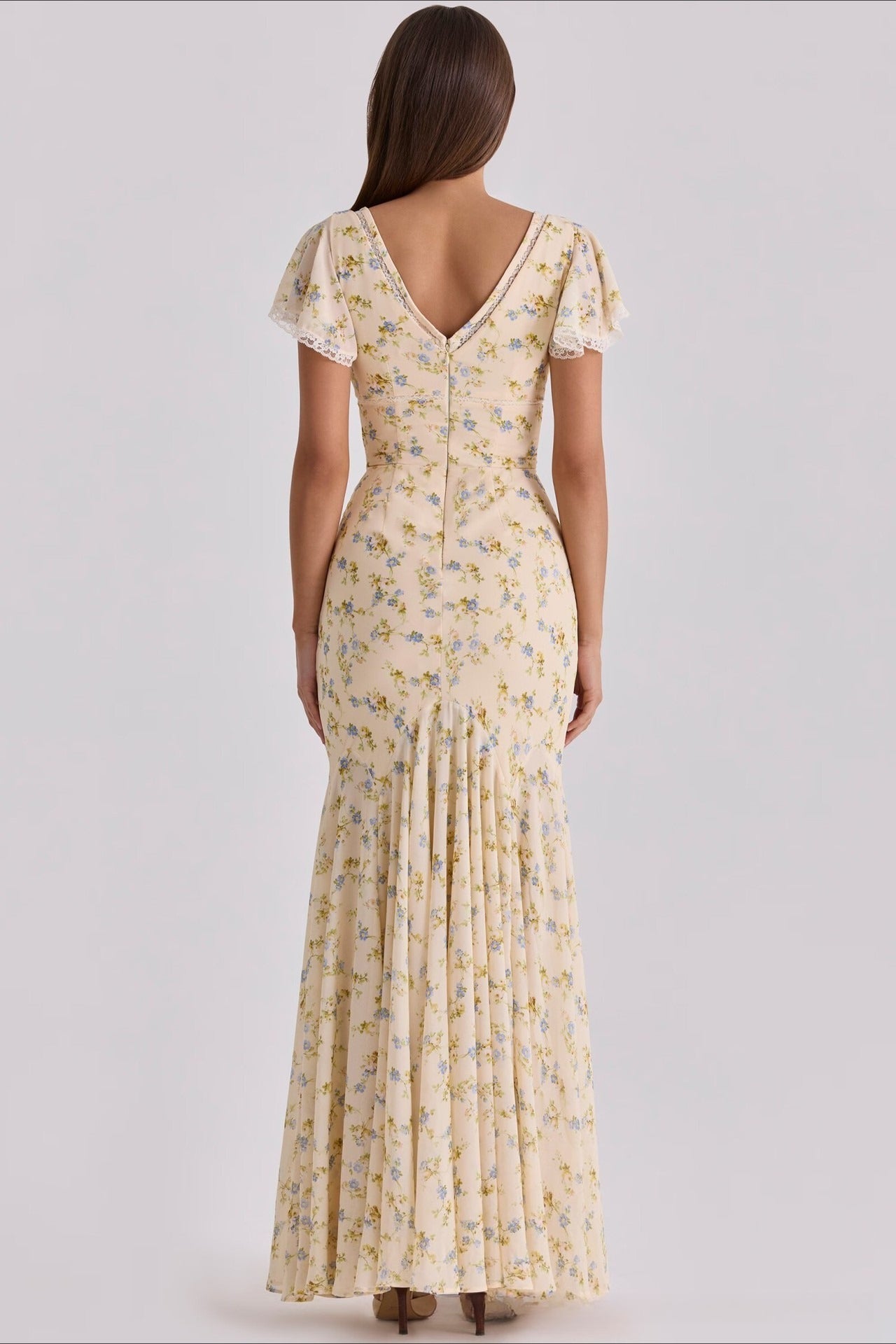 Mermaid V Neck Lace Panel Slim Long Floral Dress