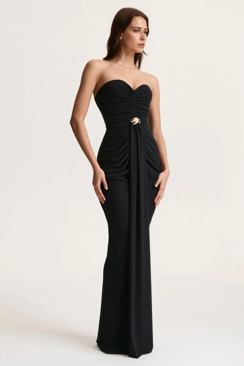 Strapless Ruched Waist Sash Party Dress