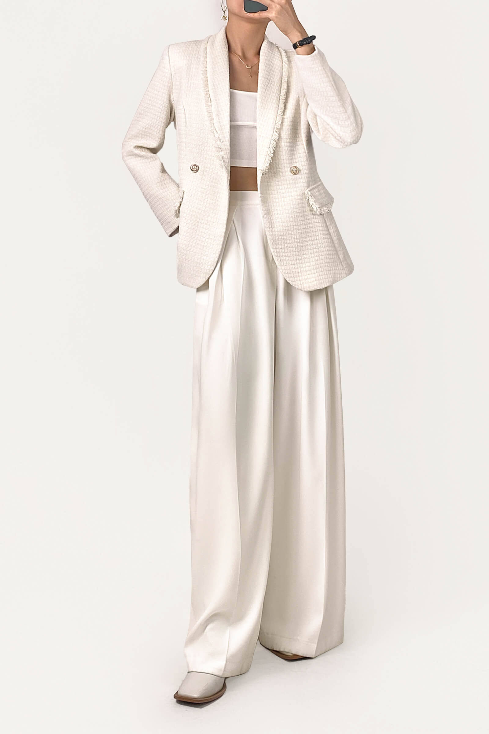 Ivory Half Elastic Pleat Detail Wide Leg Suit Pants