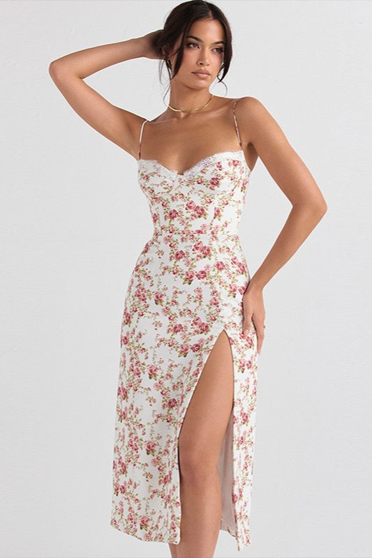 Spaghetti Strap Sweetheart Lace Trim Corset Bodice High Slit Midi Dress 2