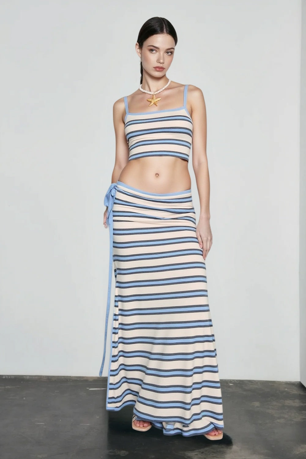 Knit stripe crop camisole high waist tie skirt vacation set