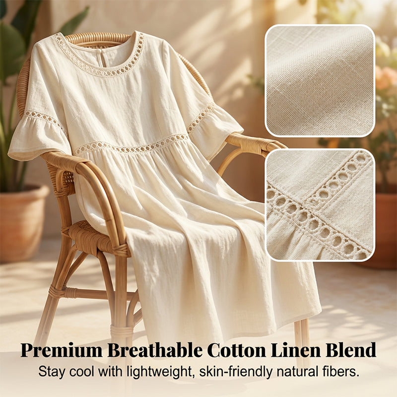 Round Neck Crochet Lace Trim Bell Sleeve Empire Waist Midi Dress 5
