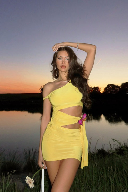 OneShoulder CutOut Bow Birthday Dress