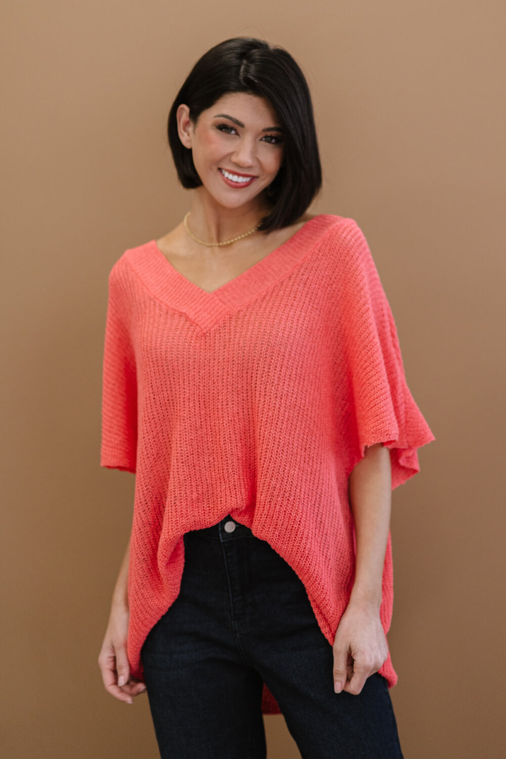 Deep Coral V-Neck Short Sleeve Openwork Loose Knit Sweater