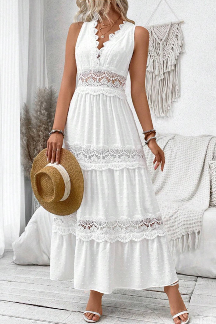 White Deep V Neck Swiss Dot Lace Panel Tiered Maxi Dress 3