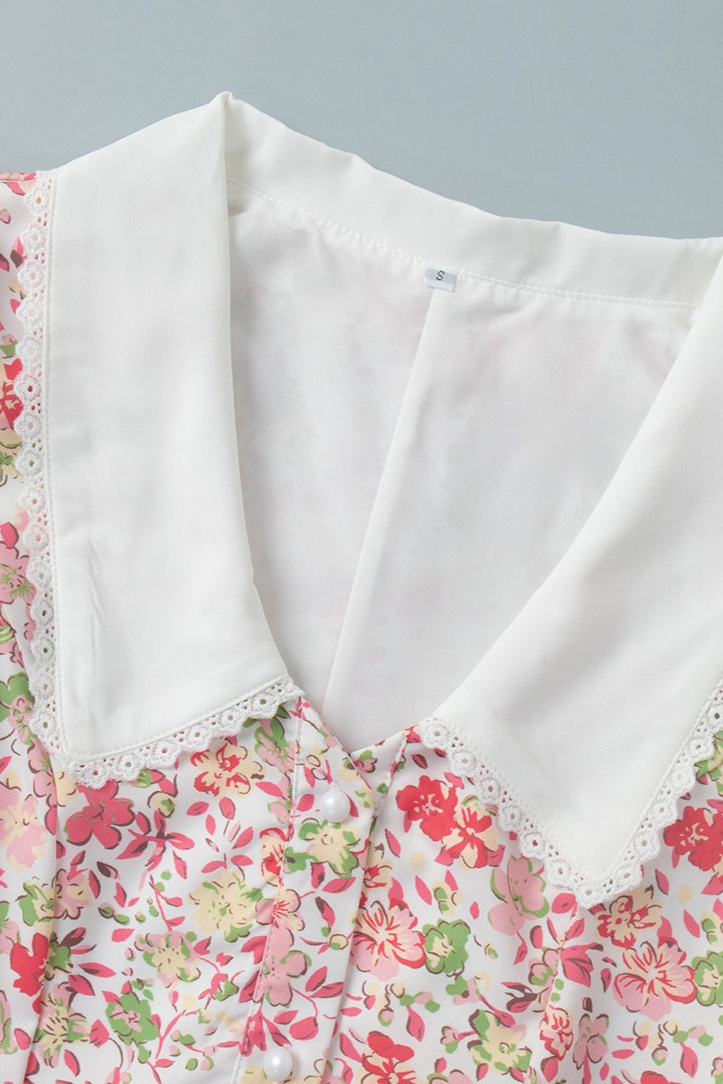 Pink Peter Pan Collar Puff Sleeve Button Front Pleated Ruffle Hem Floral Print Mini Dress 6
