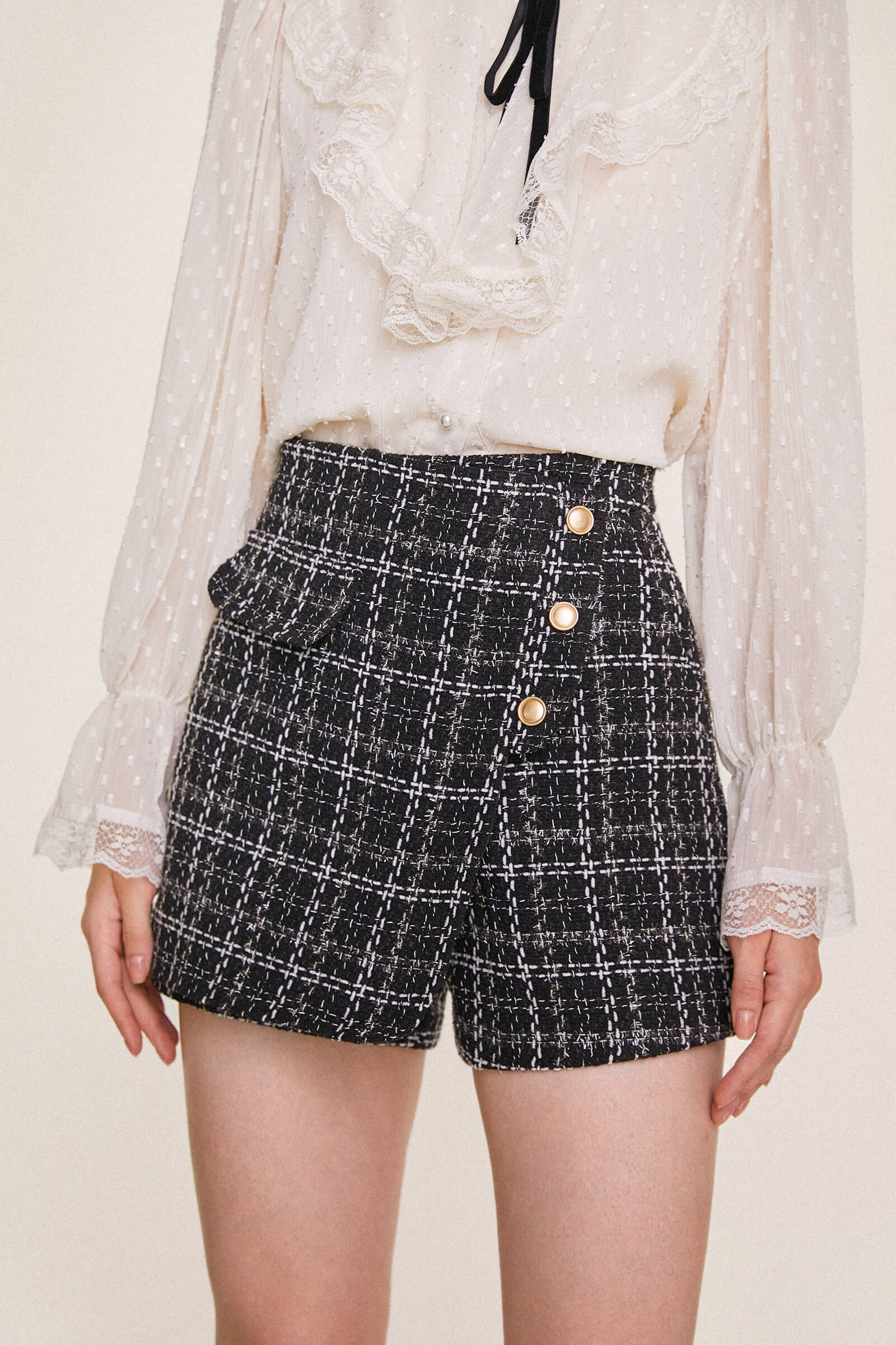 Black Checked Button Detail Tweed Skort