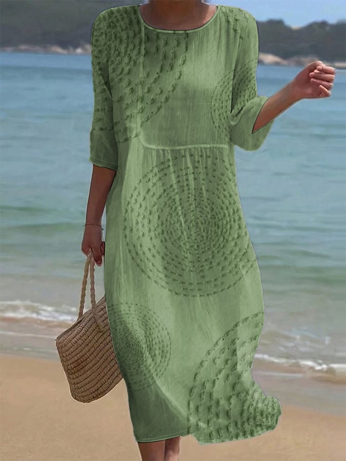 Green Round Neck Textured Circle Mandala Long Sleeve Linen Shift Dress