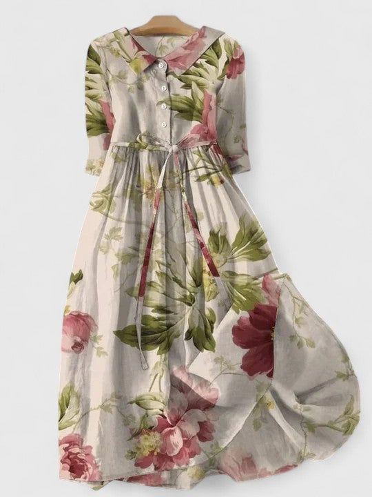 Pink Flower Lapel Collar Floral Print Half Sleeve Tie Waist A-Line Midi Dress