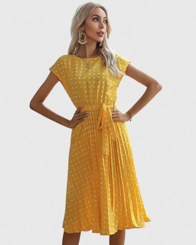 Round Neck Cap Sleeve Polka Dot Tie Waist Pleated Midi Dress 6