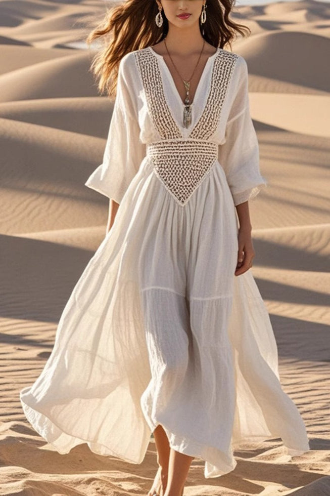 Lace Bohemian LinenCotton Beach Boho Dress