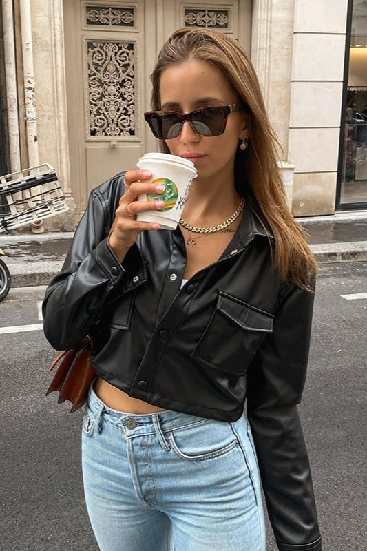 White Crop Leather Long-Sleeve Jacket