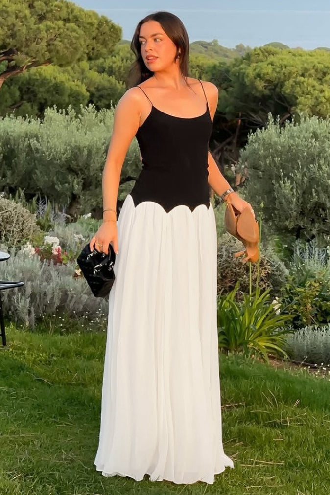 Color Block Open Back Waist Cinch Maxi Slip Dress