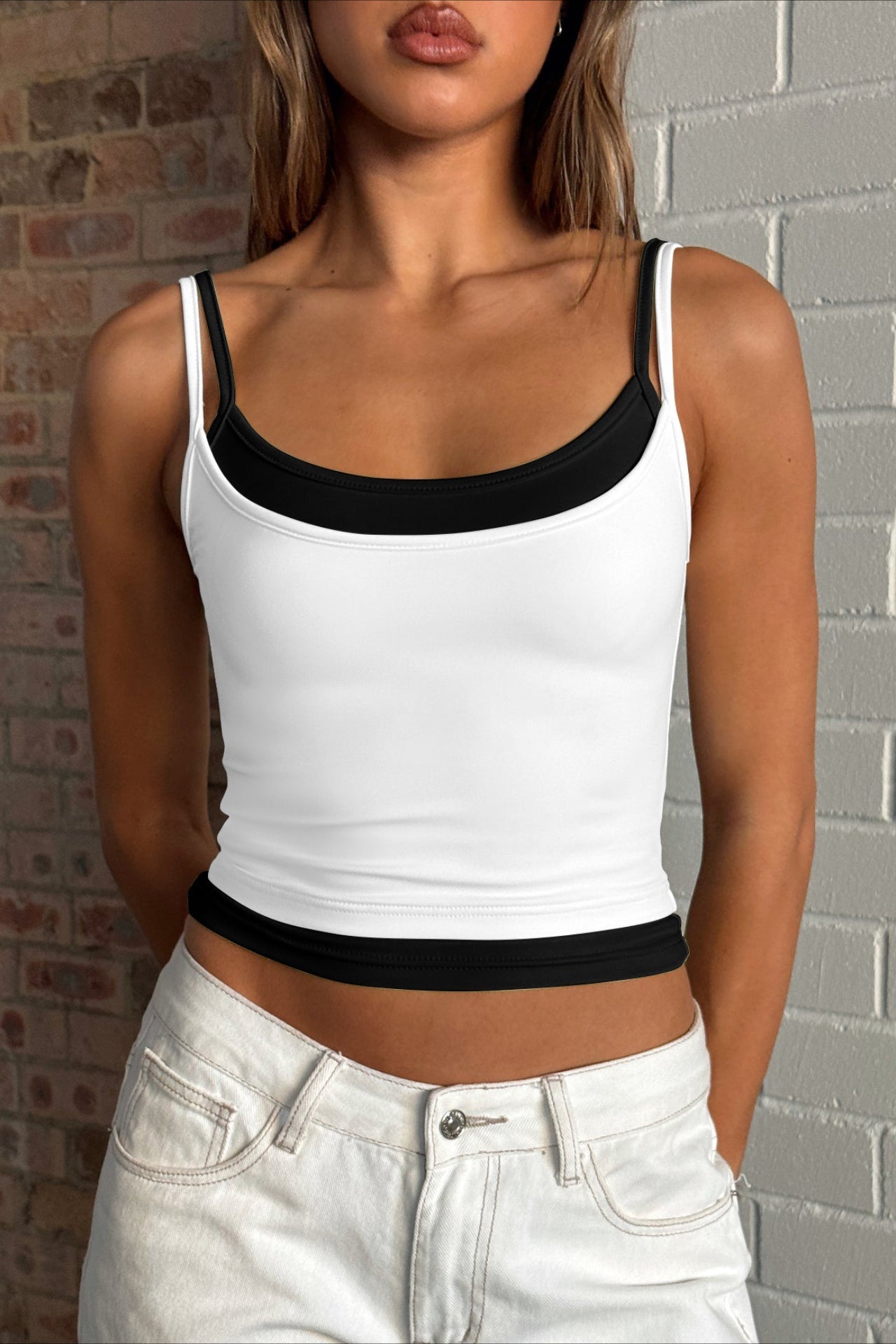 Faux Two Piece Spaghetti Strap Sexy Tank Top