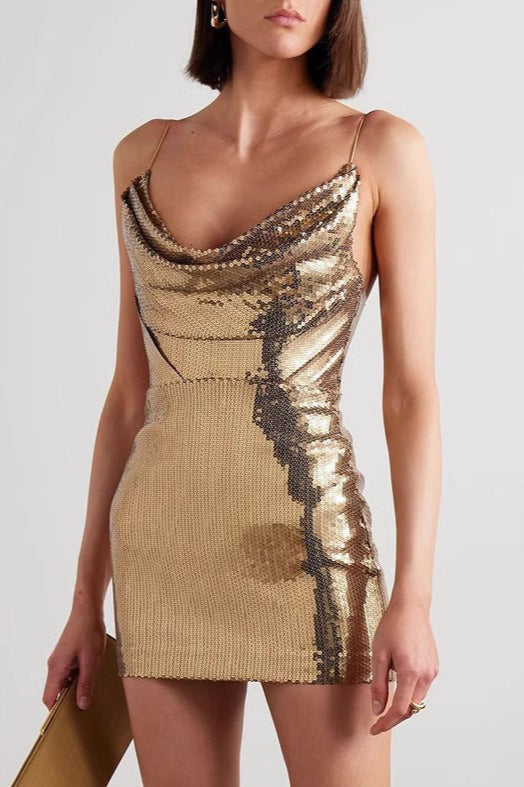 Golden Deep V Neck Spaghetti Strap Sequin Mini Dress
