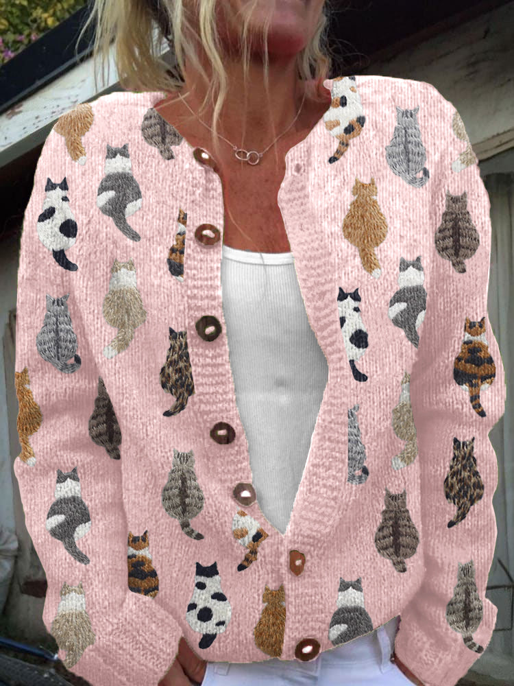 Round Neck Button Front Cat Print Knit Cardigan 2