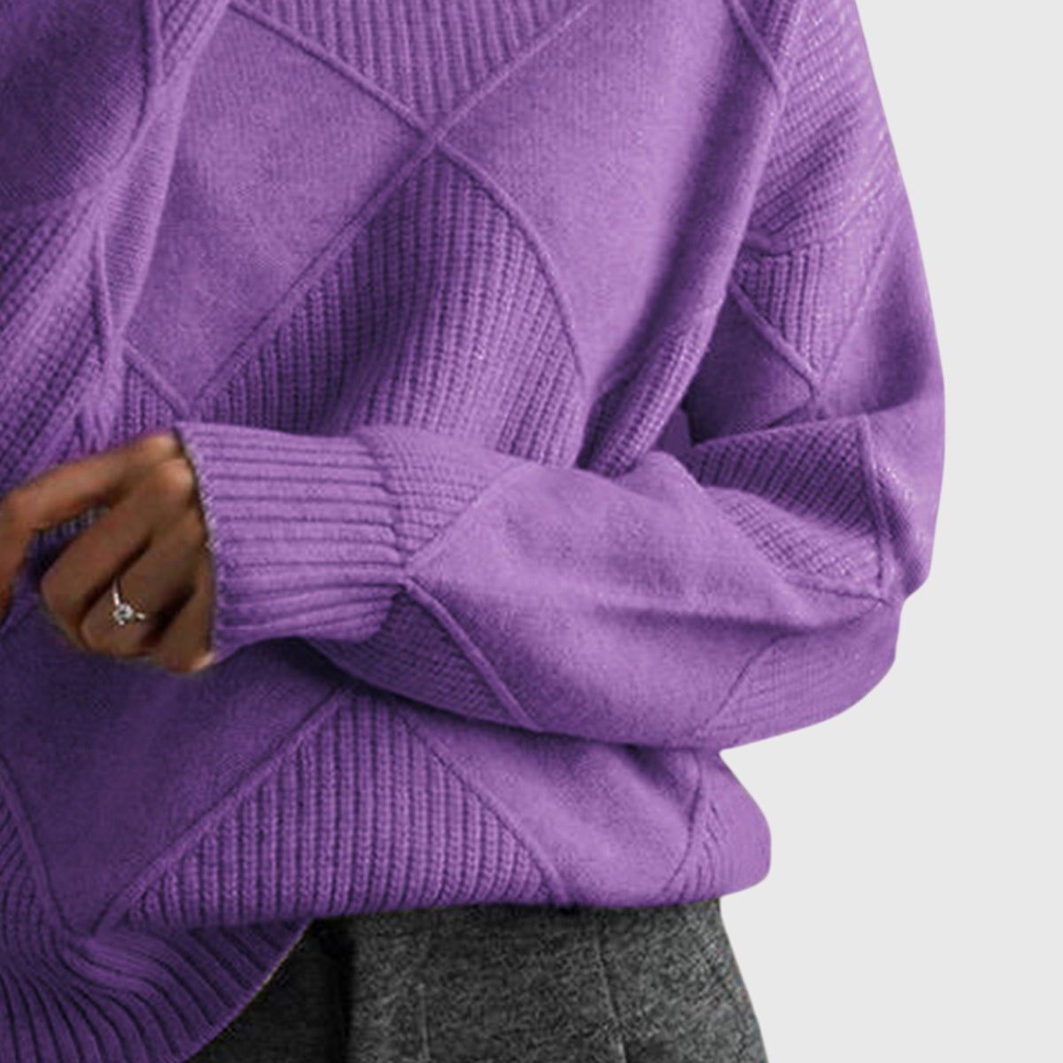 Turtleneck Diamond Textured Knit Long Sleeve Sweater