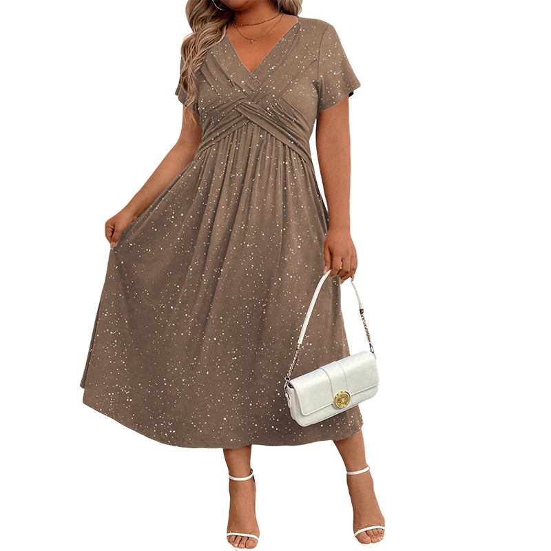 Surplice V-Neck Twist Front Short Sleeve Glitter A-Line Maxi Dress