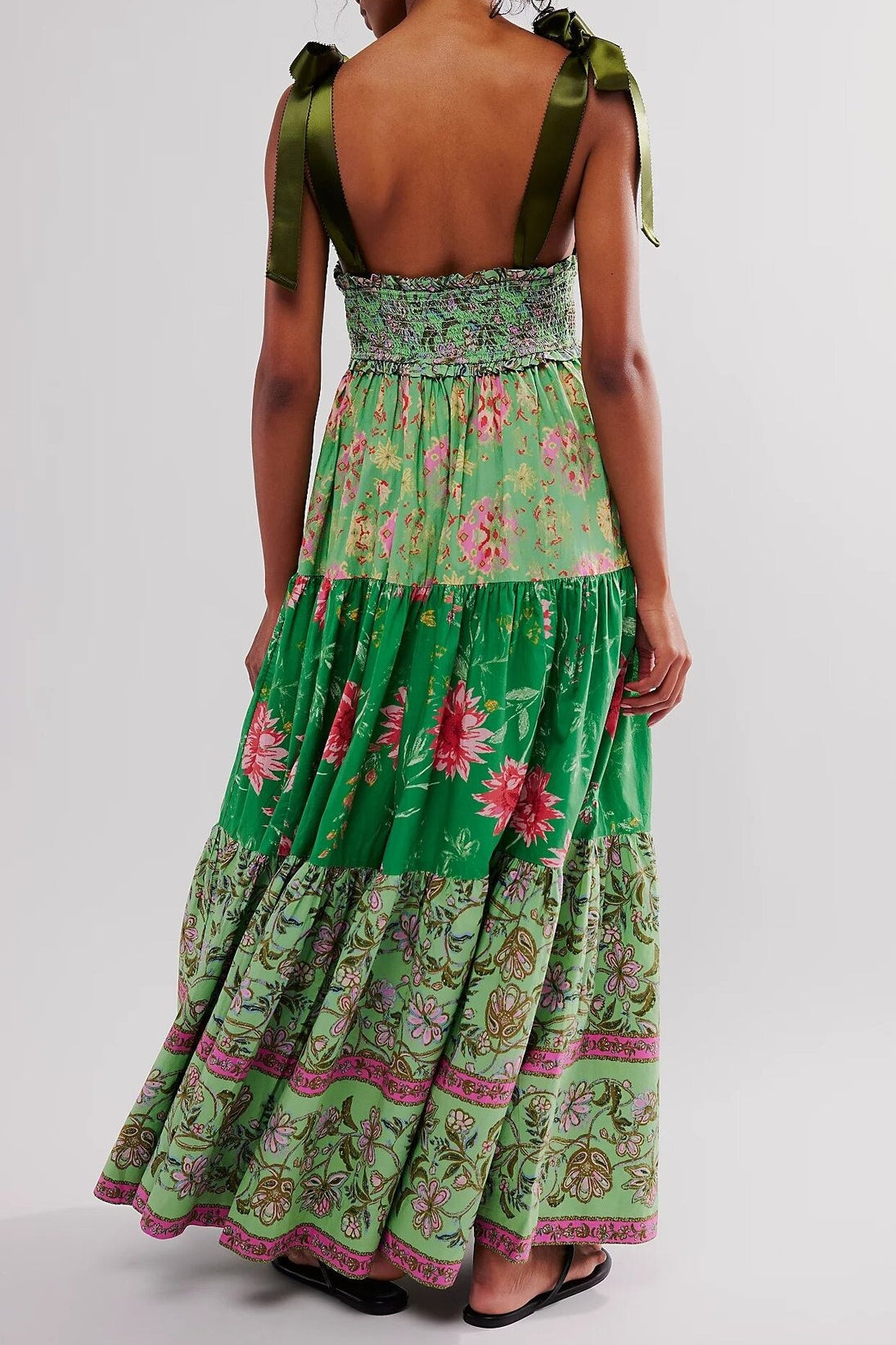 Smocked V Neck Bow Shoulder Strap Mixed Floral Tiered Maxi Dress 3