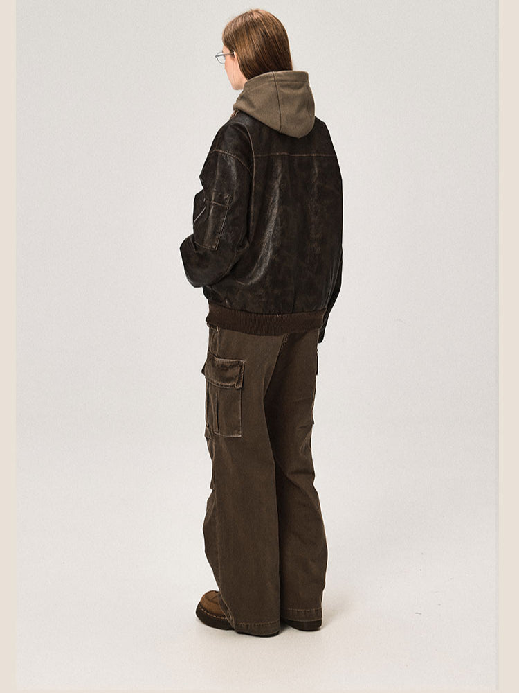 PU Leather Jacket with Lamb Wool Collar