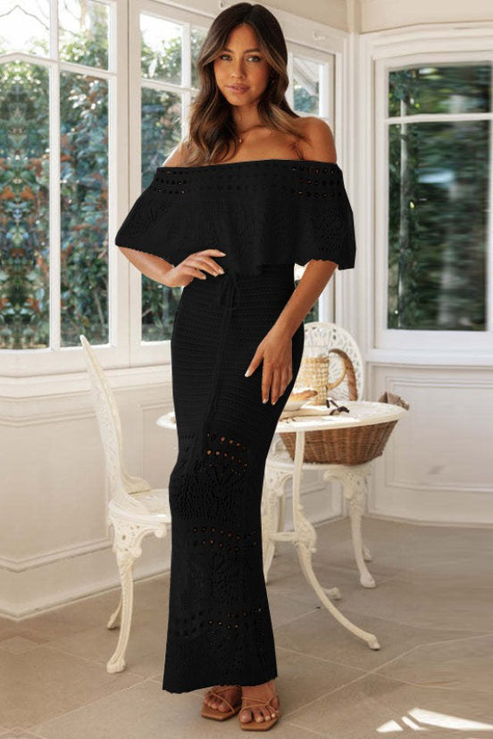 Off Shoulder Crochet Knit Drawstring Waist Tassel Maxi Dress 8