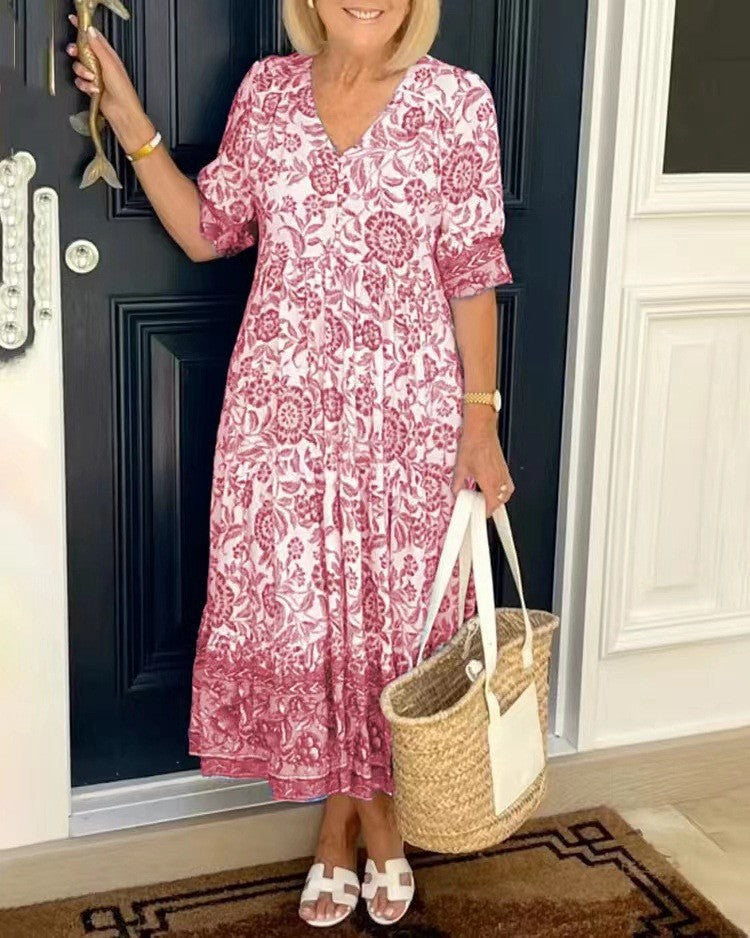 V-Neck Puff Sleeve Floral Print Tiered A-Line Maxi Dress 8